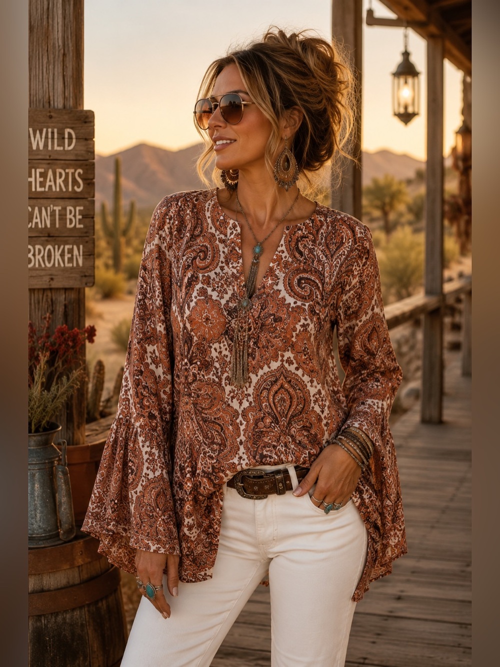 Giorgio Fiorlini Paisley Tunic L | Rust Cream Boho V-Neck Bell Sleeve Top
